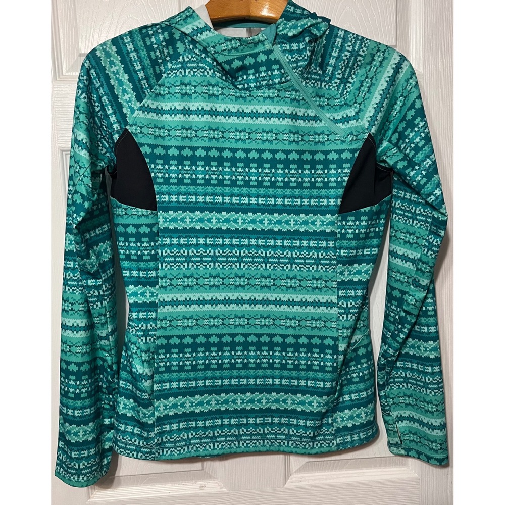 Mondetta Womens Teal Geometric Fair Isle Performance Hoodie 1/4 Zip Size L‎